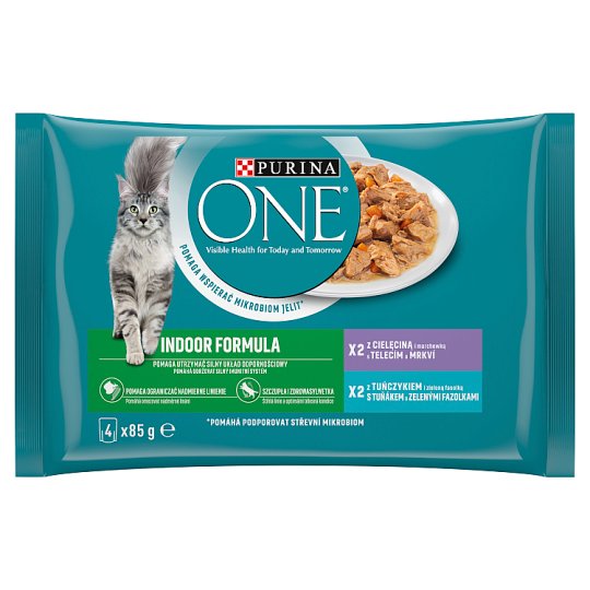 PURINA ONE INDOOR Pockets with Tuna and Green Beans, with Veal and Carrots in Juice 4 x 85g