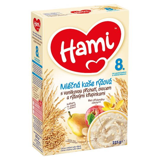Hami mléčná kaše rýžová s vanilkovou příchutí, ovocem a rýžovými křupinkami od uk. 8. měsíce 225g