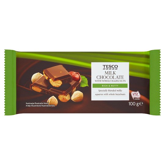 Tesco Mléčná čokoláda s celými lískovými ořechy 100g