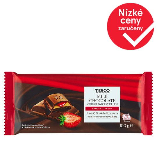 Tesco Mléčná čokoláda s mléčnou a jahodovou náplní 100g