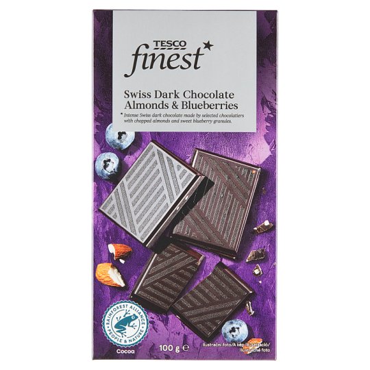 Tesco Finest Hořká čokoláda s krájenými mandlemi a cukrovými kousky s borůvkovou příchutí 100g