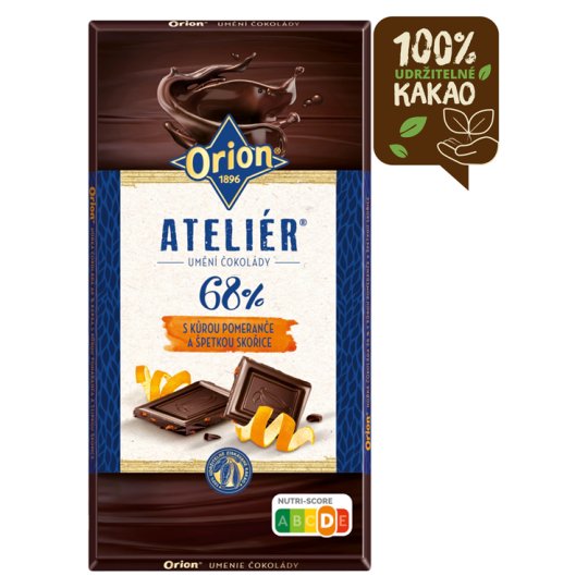 ORION Ateliér Hořká 68 % s kůrou pomeranče se špetkou skořice 100g