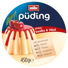 Müller Mléčný krupicový pudink s vanilkovou příchutí a s višňovou příchutí 450g