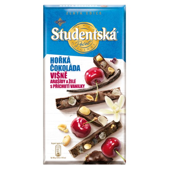 ORION STUDENTSKÁ PEČEŤ ZLATÁ EDICE hořká čokoláda s višněmi 170g