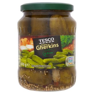 Tesco Pasterované okurky 6-9 cm v kořeněném nálevu 670g