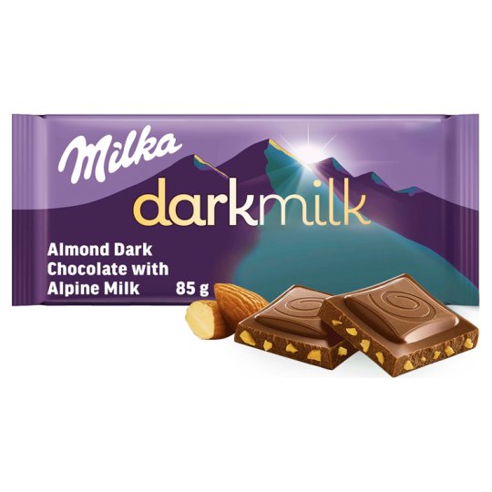 Milka Darkmilk Chocolate with Alpine Milk and Almond Pieces 85g Tesco
