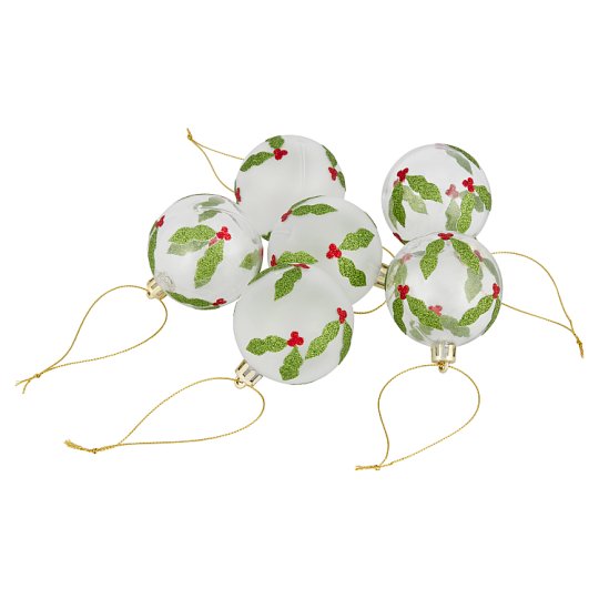 Clear/Frosted Holly Baubles 6 pcs