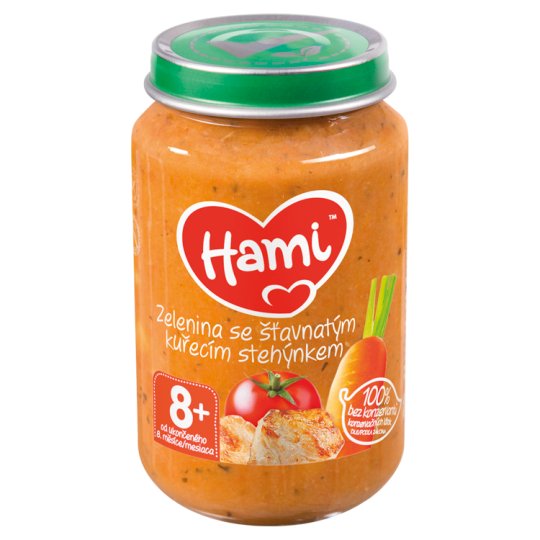 Hami masozeleninový příkrm Zelenina se šťavnatým kuřecím stehýnkem od uk. 8. měsíce 200g