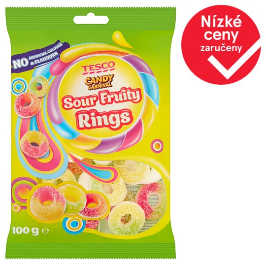 Tesco Candy Carnival Sour Fruity Rings želé s ovocnými příchutěmi s kyselou cukrovou posypkou 100g