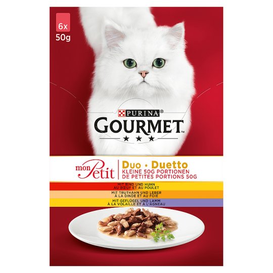 GOURMET MON PETIT DUO s hovězím a kuřetem, s krůtou a játry, s drůbežím a jehněčím 6 x 50g