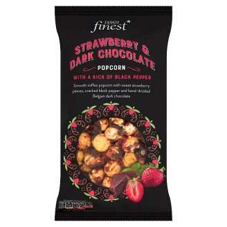 Tesco Finest Popcorn s belgickou hořkou čokoládou a jahodami, ochucený černým pepřem 170g