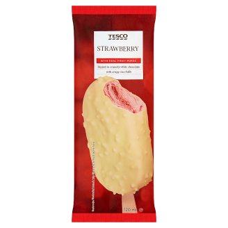 Tesco Mražený krém s rostlinným tukem jahodový v polevě z bílé čokolády 120ml