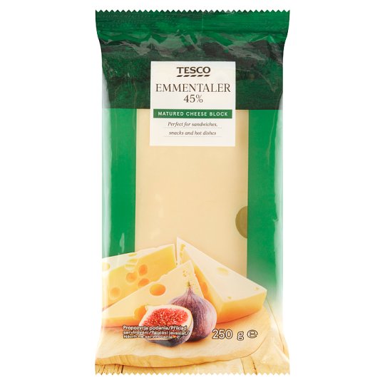 Tesco Emmentaler 45% polotvrdý zrající plnotučný sýr 250g