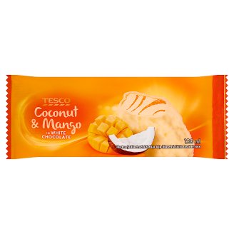 Tesco Mražený krém s rostlinným tukem s příchutí kokosu a bílé čokolády s mangovou polevou 120ml