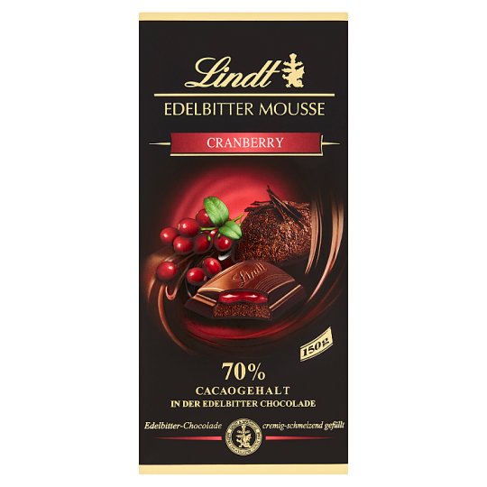 Lindt 70% hořká čokoláda se šlehanou hořko-čokoládovou a krémem s brusinkami 150g
