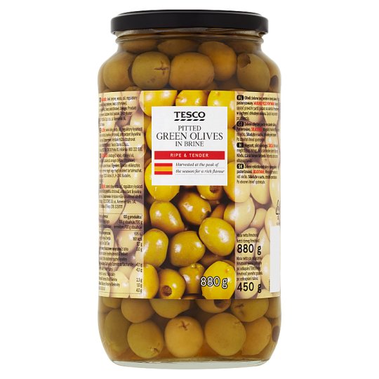 Tesco Zelené olivy bez pecky ve slaném nálevu 880g