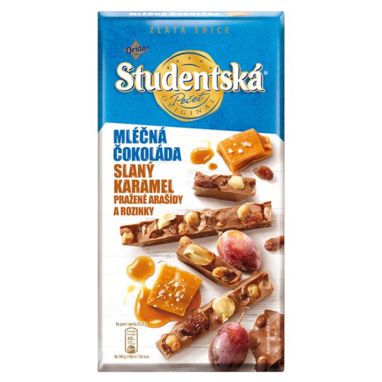 ORION STUDENTSKÁ PEČEŤ ZLATÁ EDICE mléčná čokoláda se slaným karamelem 170g