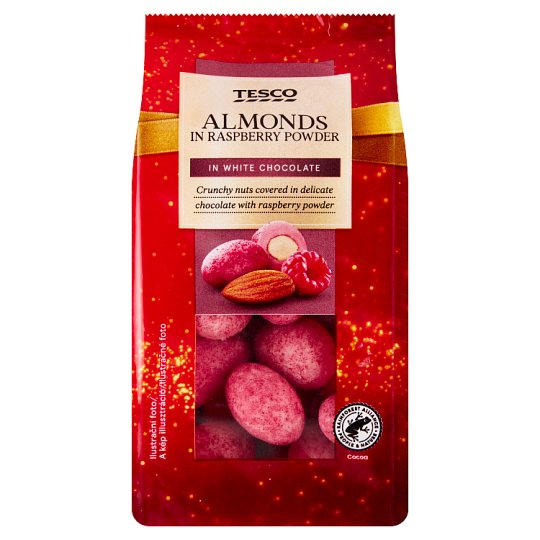 Tesco Pražená jádra mandlí v obarvené bílé čokoládě a malinovém prášku 150g