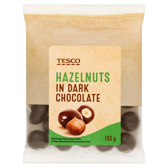 Tesco Lískové ořechy jádra pražená v hořké čokoládě 100g