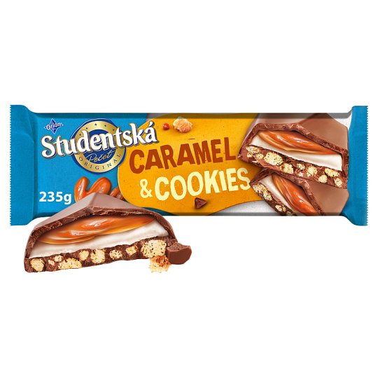 ORION STUDENTSKÁ PEČEŤ Caramel & Cookies, čokoláda s kousky sušenek a náplní 235g