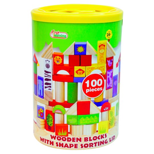 First Learning Wooden Blocks with Shape Sorting Lid Tesco Groceries