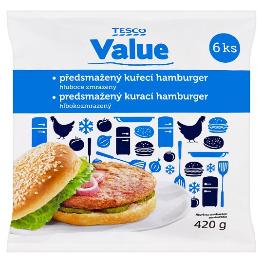 Tesco Value Předsmažený kuřecí hamburger hluboce zmrazený 6 ks 420g