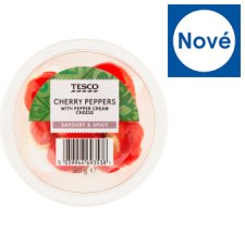 Tesco Marinovaná červená cherry paprika plněná čerstvým sýrem s paprikovou pastou 90g