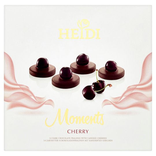 Heidi Moments hořké čokoládové pralinky s kakaovou náplní a kandovanými třešněmi 150g