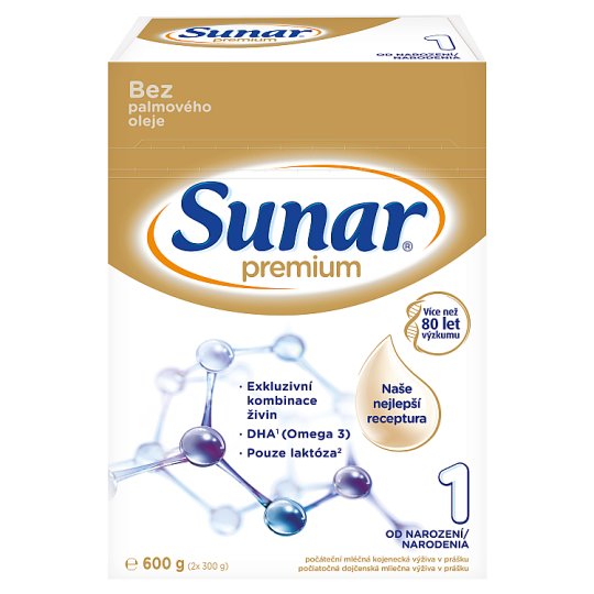 Sunar Premium 1 počáteční mléčná kojenecká výživa v prášku od narození 2 x 300g (600g)