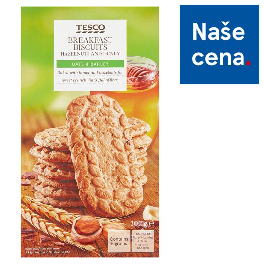 Tesco Cereální sušenky s kousky mléčné čokolády, lískovými ořechy a medem 6 x 50g
