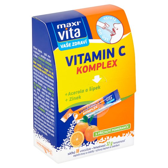 MaxiVita Vaše Zdraví Vitamin C komplex + acerola a šípek + zinek s příchutí pomeranče 16 sáčků 32g