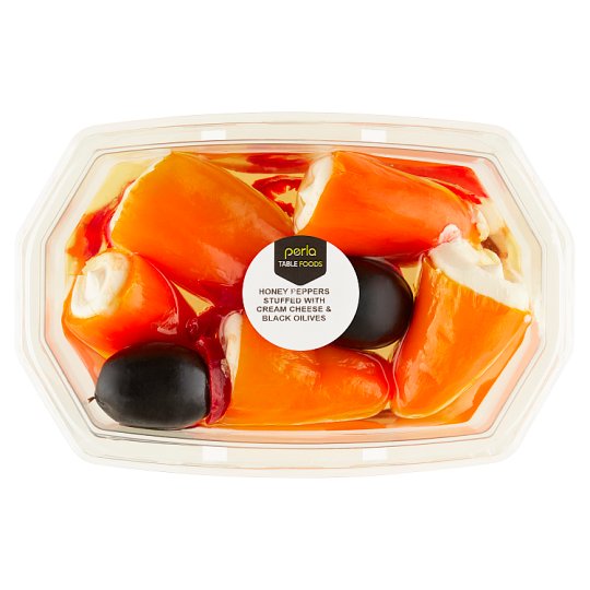 Tesco Marinované žluté papričky plněné krémovým sýrem v řepkovém oleji s černými olivami 150g