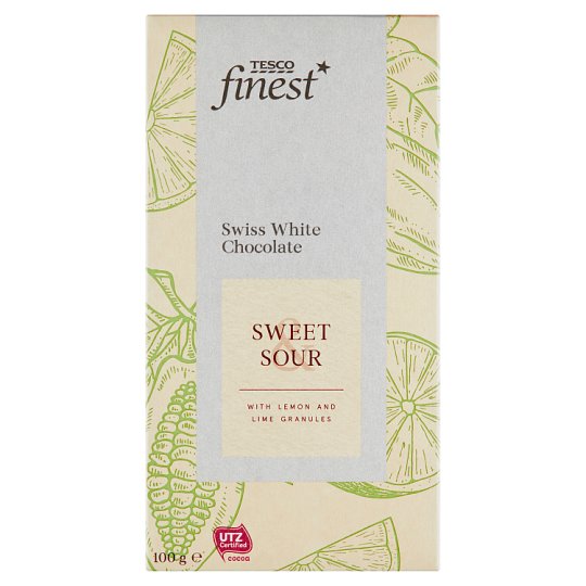 Tesco Finest Bílá čokoláda s kousky s příchutí citronu a limetky 100g