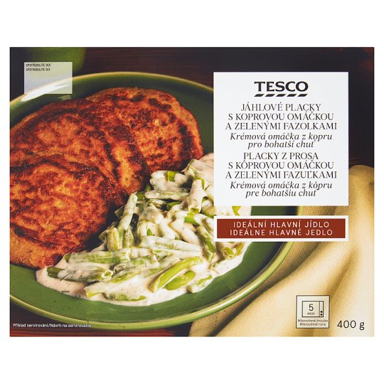 Tesco Jáhlové placky s koprovou omáčkou a zelenými fazolkami 400g