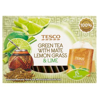 Tesco Zelený čaj s citronovou trávou, maté a limetkovou příchutí 15 x 1,5g