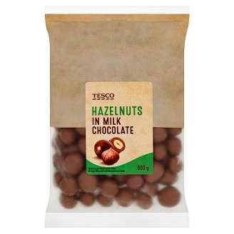 Tesco Lískové ořechy jádra pražená v mléčné čokoládě 500g