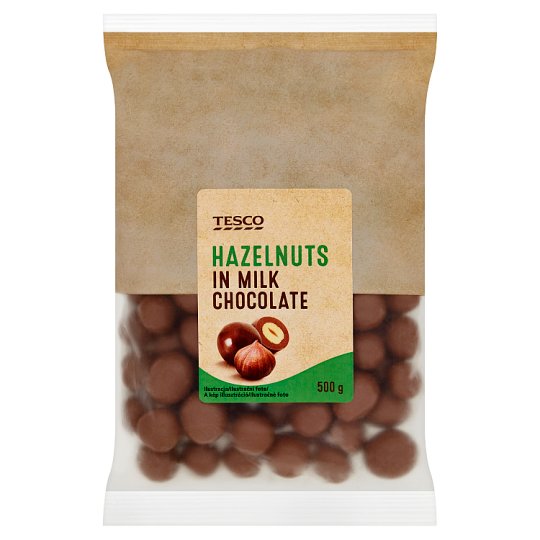 Tesco Lískové ořechy jádra pražená v mléčné čokoládě 500g