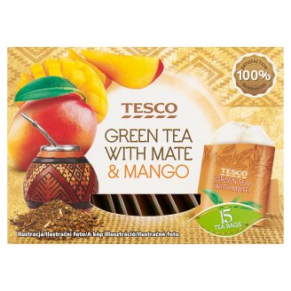 Tesco Zelený čaj s maté, citronovou trávou a s příchutí manga 15 x 1,5g