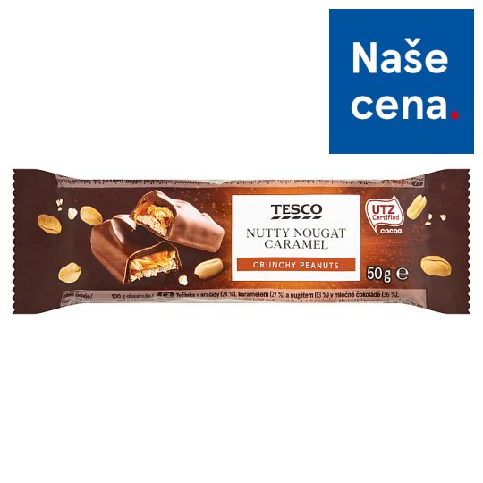 Tesco Tyčinka s arašídy, karamelem a nugátem v mléčné čokoládě 50g