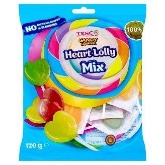 Tesco Candy Carnival Lízátka ve tvaru srdce s různými příchutěmi 120g