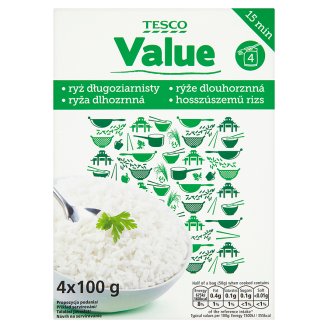 Tesco Value Rýže dlouhozrnná loupaná ve varných sáčcích 4 x 100g