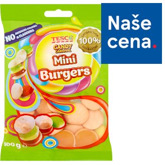 Tesco Candy Carnival Mini burgers želé s ovocnou příchutí s koncentrovanou hroznovou šťávou 100g