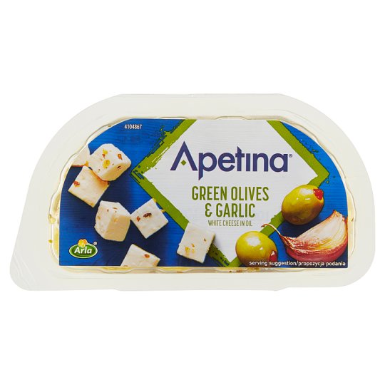 Arla Apetina Bílý sýr balkánského typu kostičky v nálevu s olivami a česnekem 100g