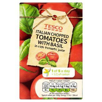 Tesco Krájená rajčata s bazalkou v rajčatové šťávě 390g