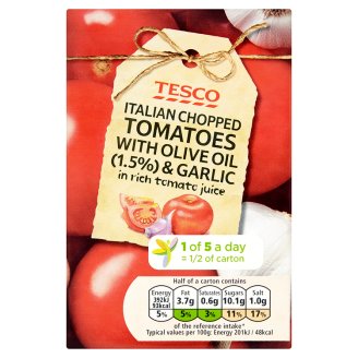 Tesco Krájená rajčata s olivovým olejem a česnekem v rajčatové šťávě 390g