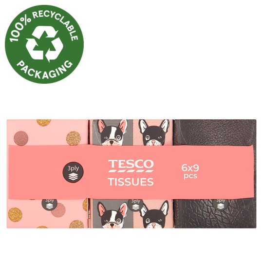 Tesco Papírové kapesníky 3-vrstvé 6 x 9 ks