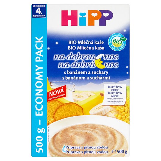 HiPP Bio mléčná kaše na dobrou noc s banánem a suchary od ukončeného 4. měsíce 2 x 250g