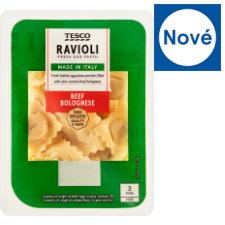 Tesco Ravioli nesušené vaječné těstoviny plněné sýrem, hovězím masem a rajčatovým protlakem 250g