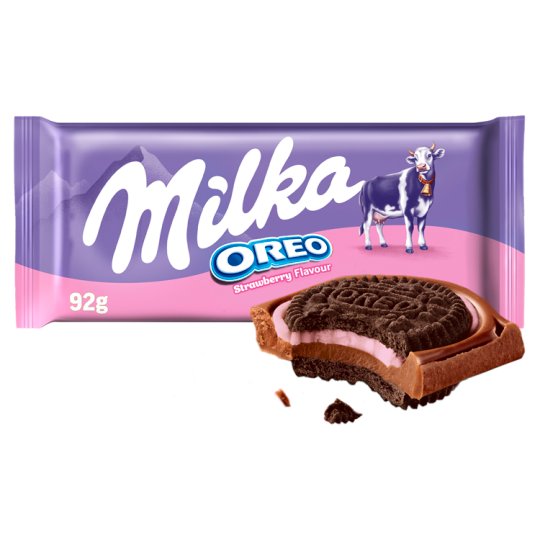 Milka čokoláda Oreo s kousky kakaových sušenek v mléčné čokoládě s jahodovou příchutí 92g