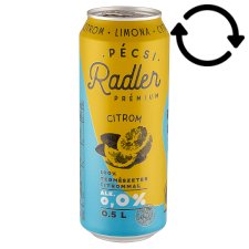 Pécsi Radler Prémium Citrom alkoholmentes világos sör & citrom ízű szénsavas üdítőital 0,0% 0,5 l